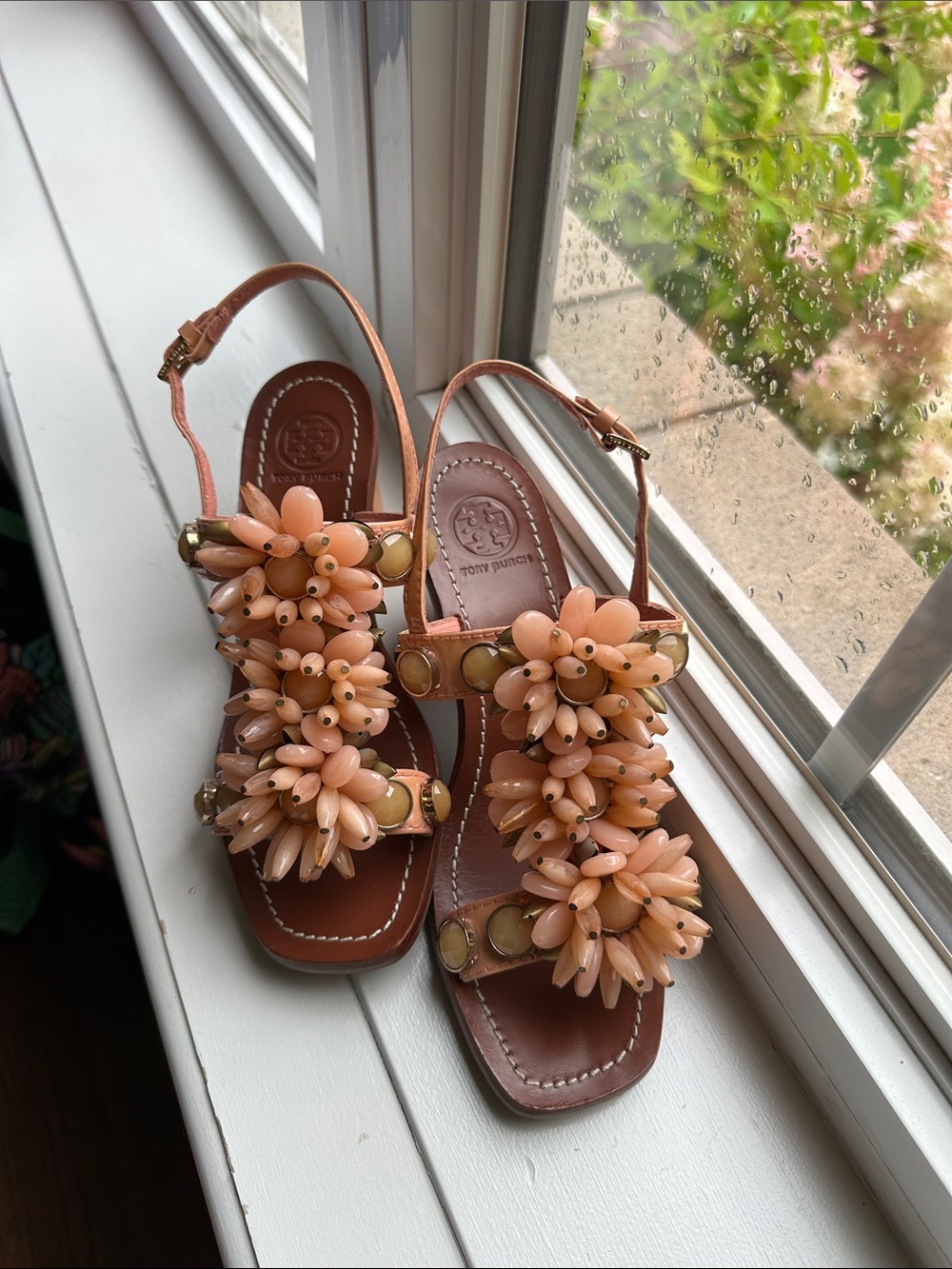 Tory Burch Peach Beaded Floral Leather Slingback Sandals with Gold Accents